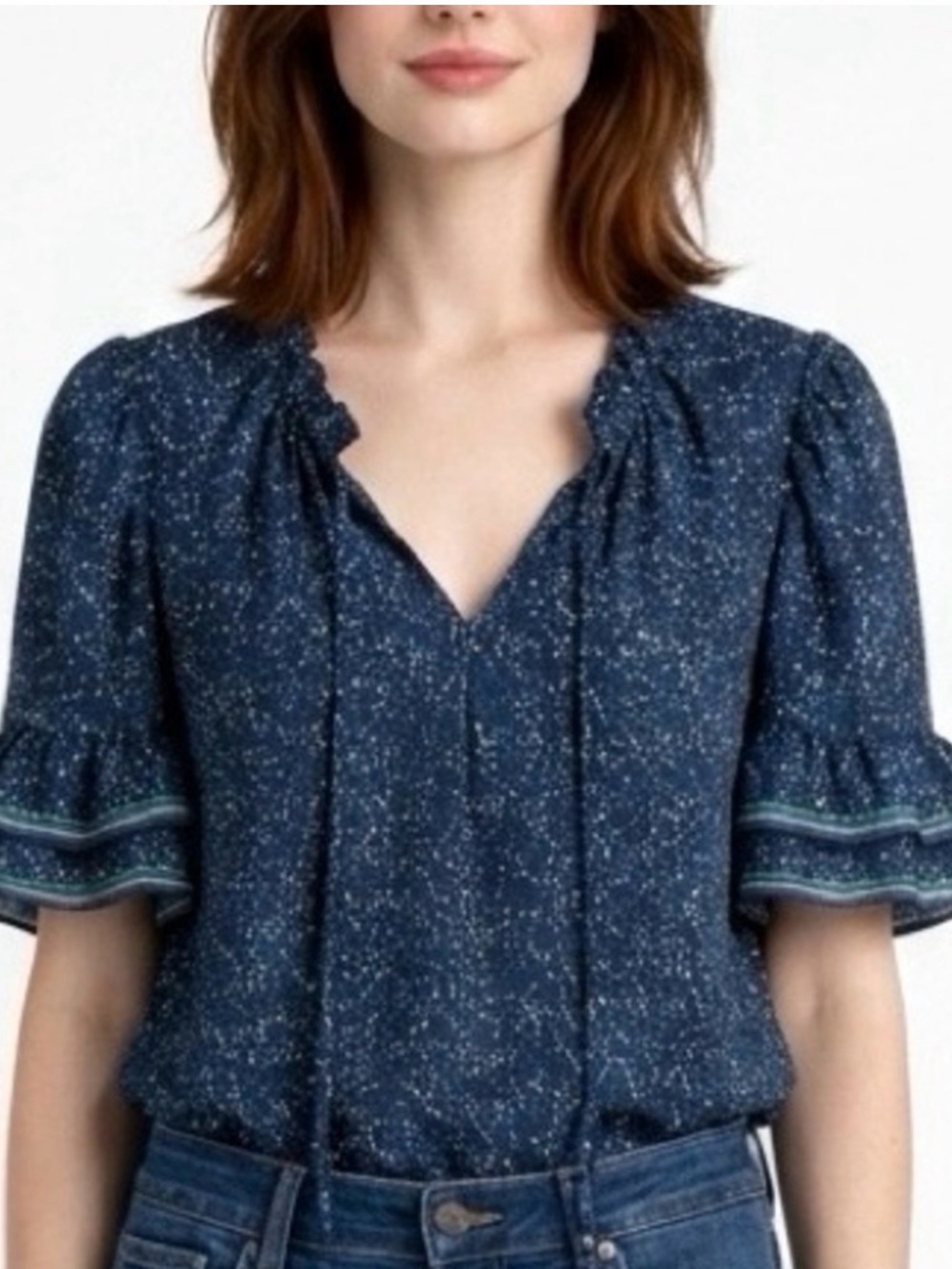 Max Studio Navy Speckled Ruffle Sleeve Tie-Front Blouse